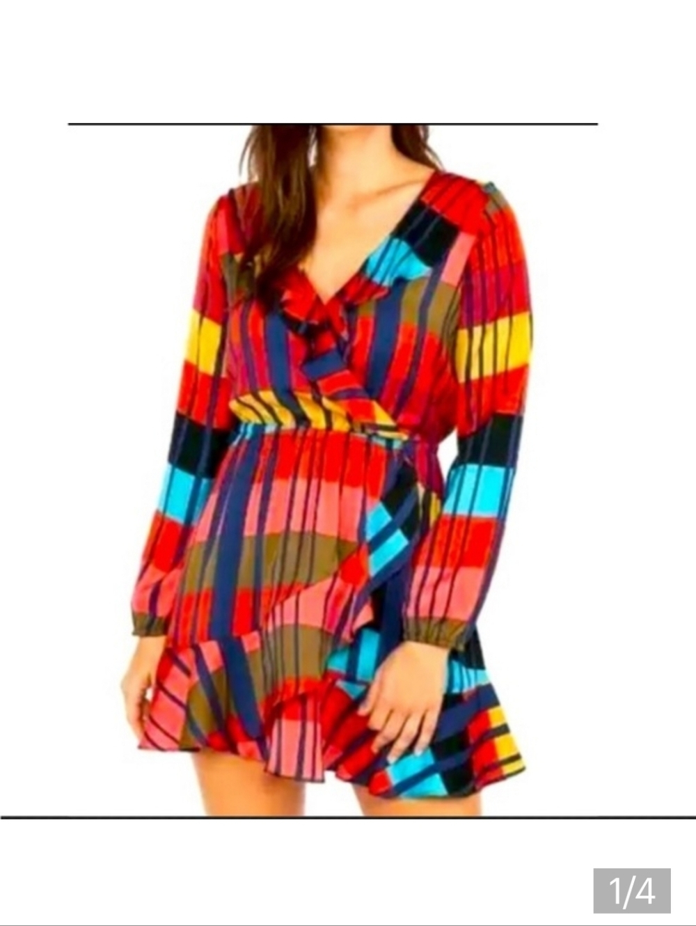EXPRESS Multicolor Striped Wrap Front Style Ruffle Long Sleeve Mini Dress Medium